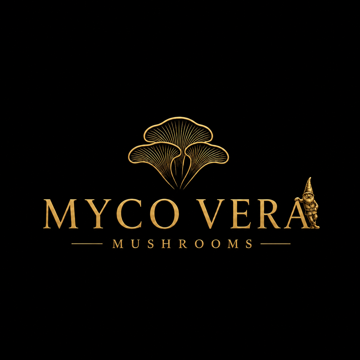 Myco Vera Mushrooms — gold oyster mushroom emblem and lettering with a small gnome on black
